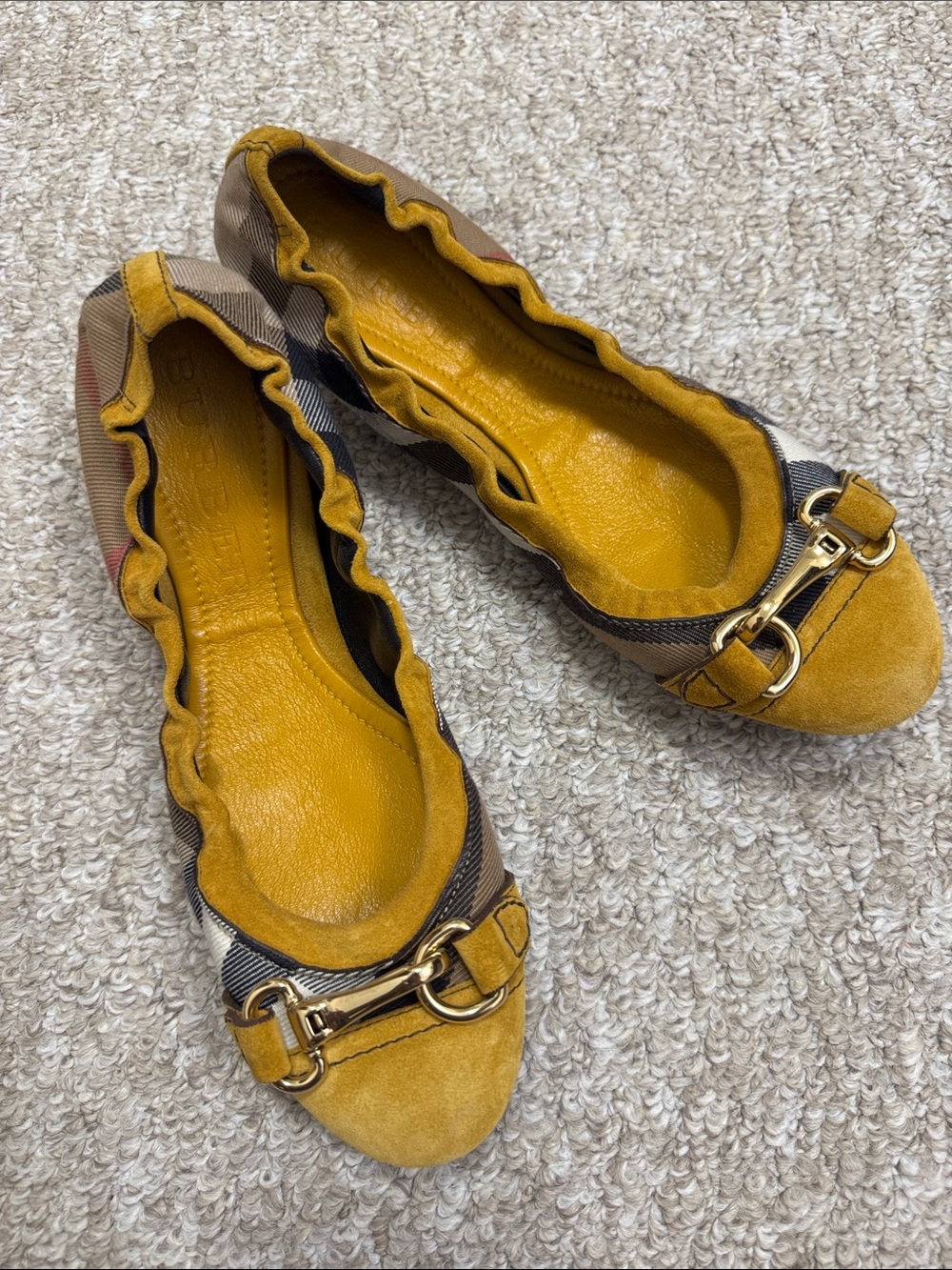 Burberry Mustard Suede & Check Horsebit Ballet Flats